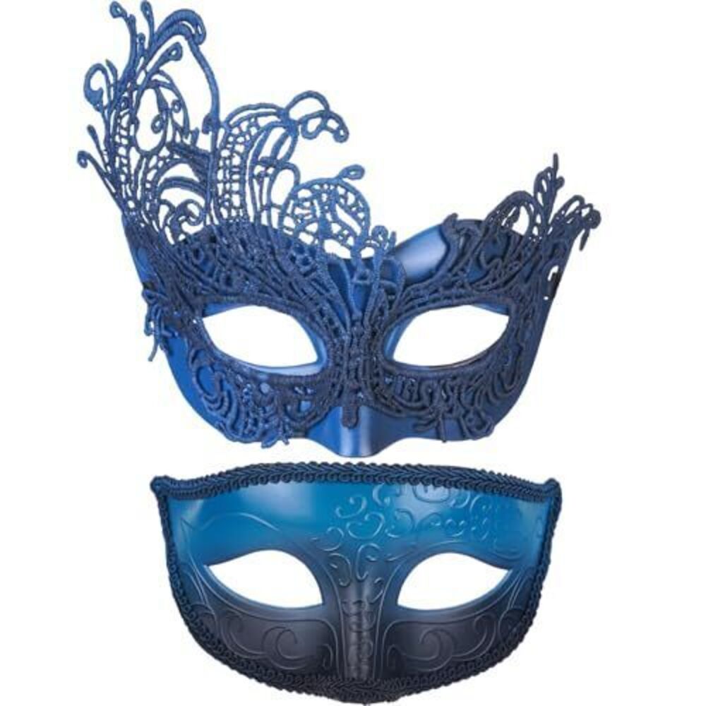 8699 Couple Masquerade Masks Set - 2 Pcs Elegant Blue Black Venetian